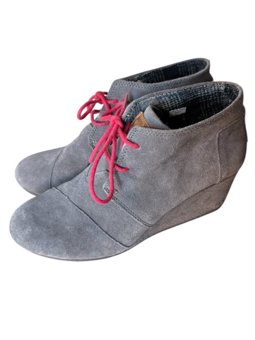 TOMS Gunmetal Grey Kala Ankle Booties Wedge Suede Pink Lace Up Boho Size 9.5